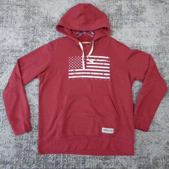 Life Is Good Hoodie Mens Medium US Flag Patriotic Hooded Sweatshirt Pullover - Picture 1 of 11